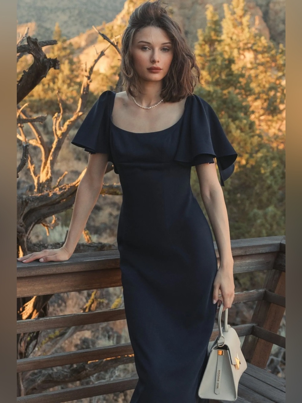 MAC DUGGAL
Navy Crepe Fitted Column Dress With Short Ruffle Sleeves
